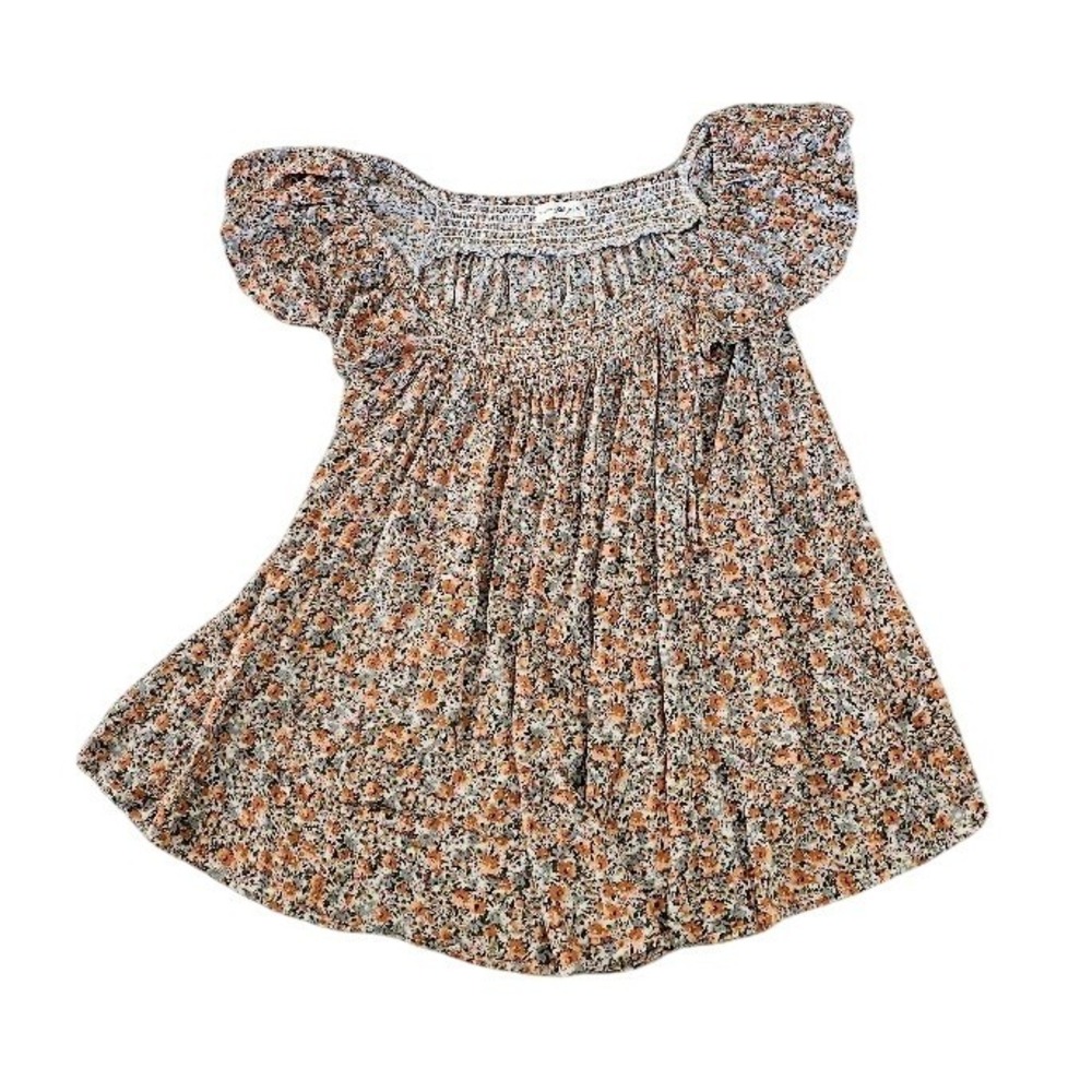 Natural Life Floral Smocked Mini Dress Orange Green Boho Flutter Sleeve Medium